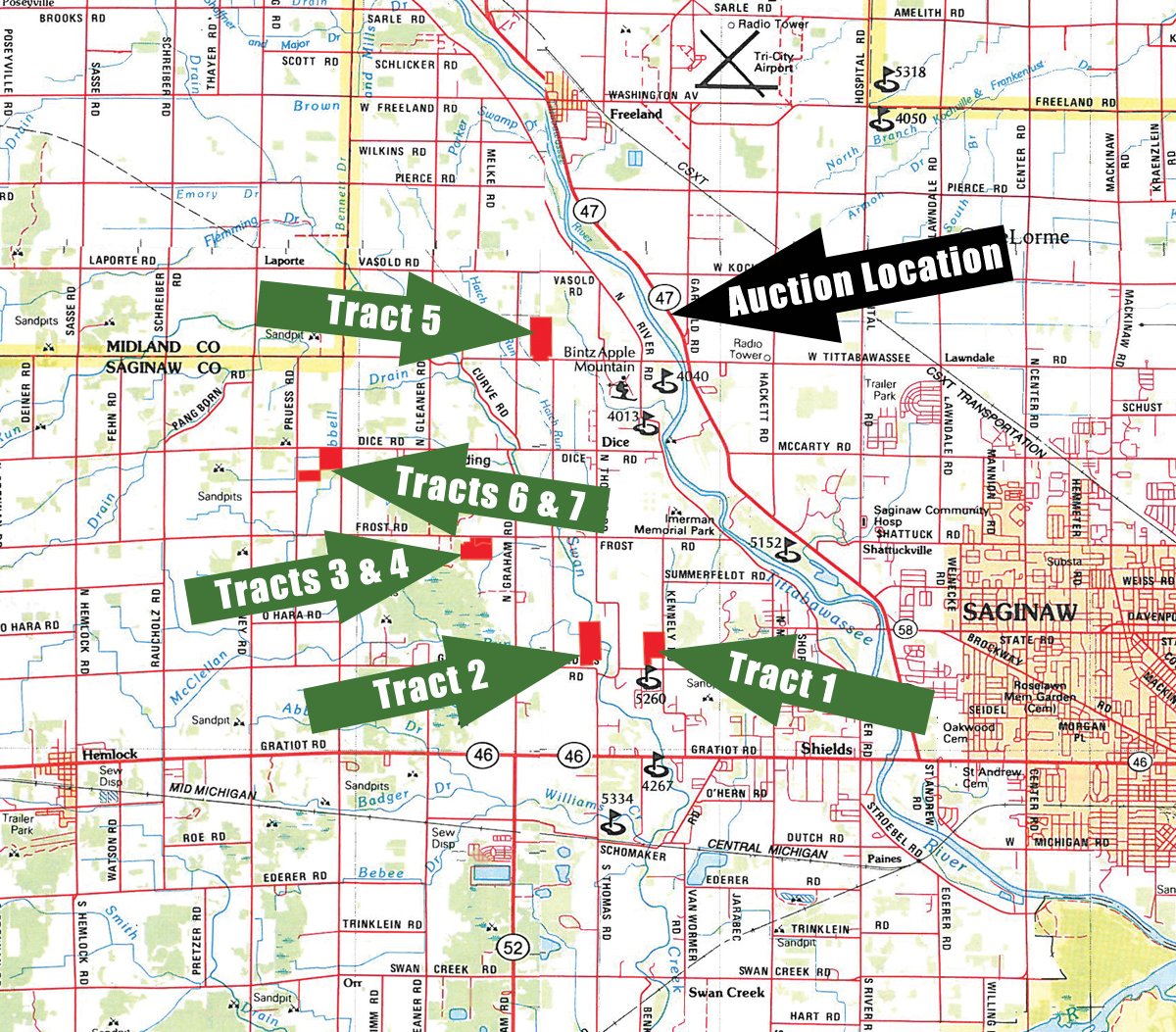 Area map - 323+/- Acres Offered in 7 Tracts with 282+/- FSA Tillable Acres